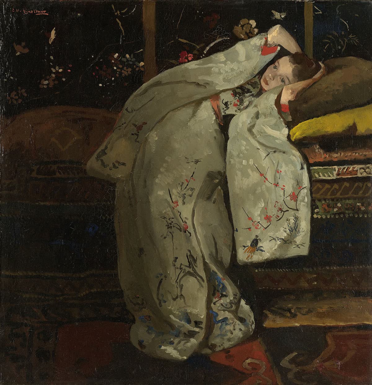 Meisje in witte kimono van Breitner op een keramisch kunsttegeltje
