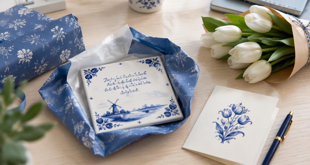 Delfts blauw tegeltje met afscheidstekst in blauw cadeaupapier op een bureau met kaart, pen en witte tulpen