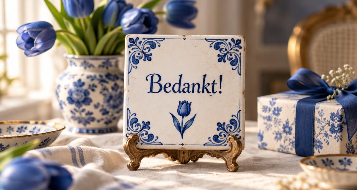 Delfts blauw keramisch tegeltje met blauwe hoekornamenten en de tekst Bedankt! op een barokke standaard, naast blauwe tulpen in een vaas en een cadeautje met blauw lint