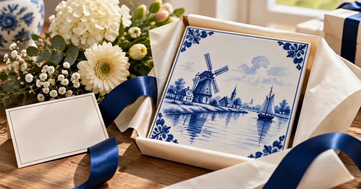 Delfts blauw keramisch tegeltje in cadeaupapier met blauwe strik en bloemen