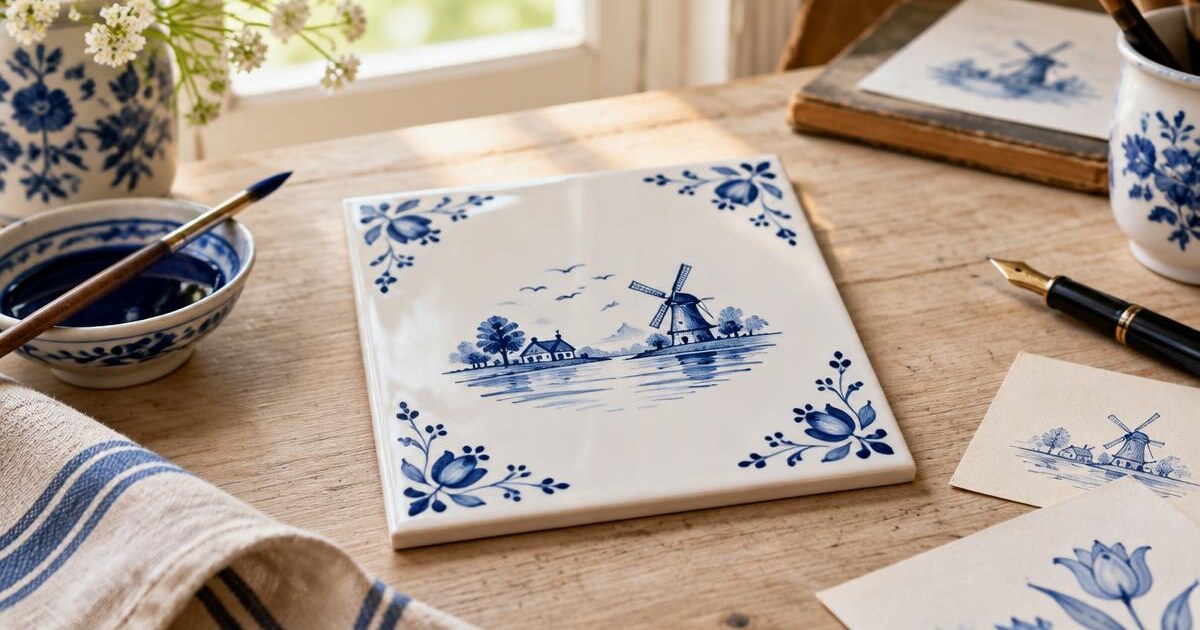 Delfts blauw keramisch tegeltje op een werktafel met penseel en inkt