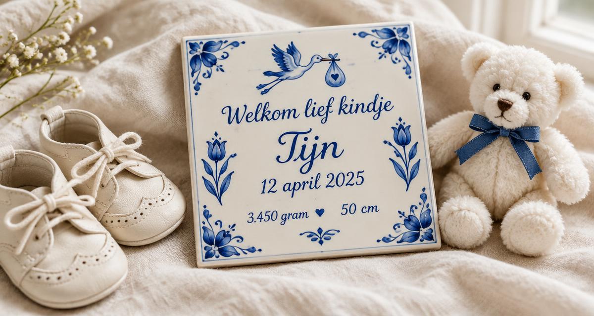 Delfts blauw geboortetegeltje met naam, geboortedatum en gewicht, naast babyschoentjes en een knuffelbeer op crèmekleurig linnen