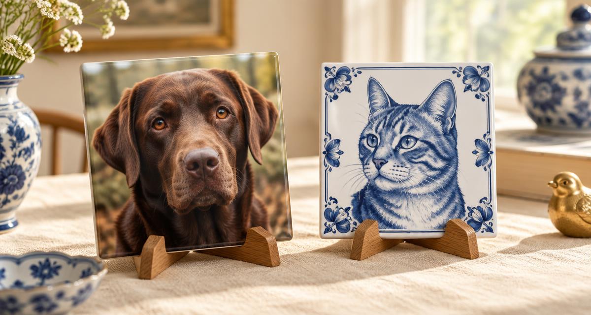 Wit keramisch tegeltje met een kleurenfoto van een bruine labrador naast een Delfts blauw tegeltje met een lijntekening van een kat, beide op houten standaards