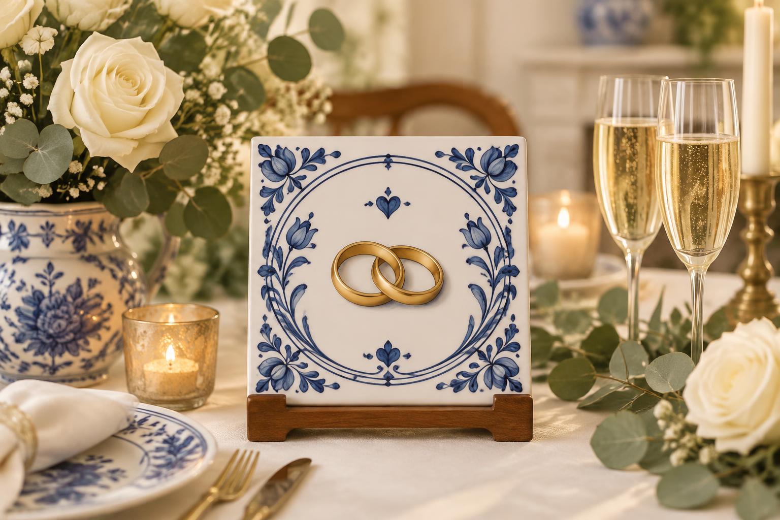 Delfts blauw keramisch tegeltje met twee verweven gouden trouwringen in een klassiek bloemkader, op een houten standaard tussen witte rozen en champagneglazen
