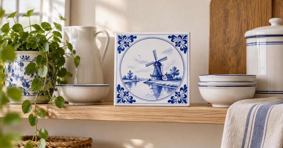 Delfts blauw keramisch tegeltje op een lichte houten keukenplank