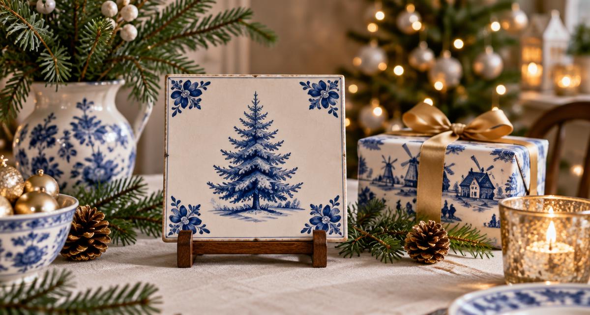 Delfts blauw keramisch tegeltje met een geschilderd dennenboompje op een houten standaard, tussen dennentakken, kaarslicht en een cadeautje in Delfts blauw papier met gouden lint