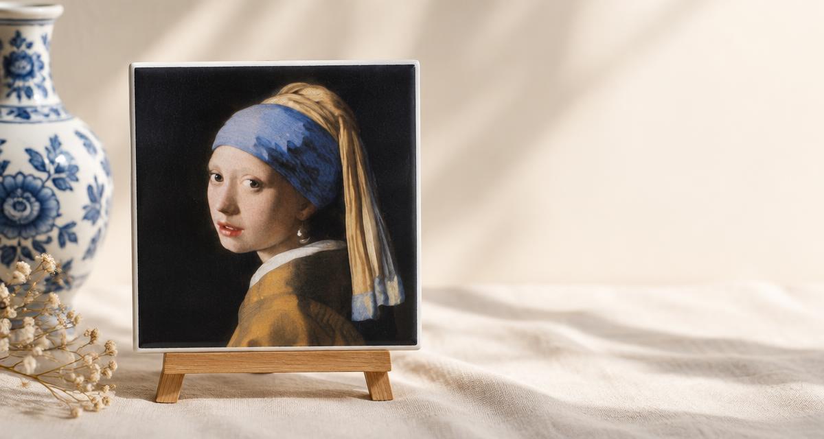 Keramisch kunsttegeltje met Meisje met de parel van Vermeer op een houten standaard, naast een Delfts blauwe vaas op crèmekleurig linnen