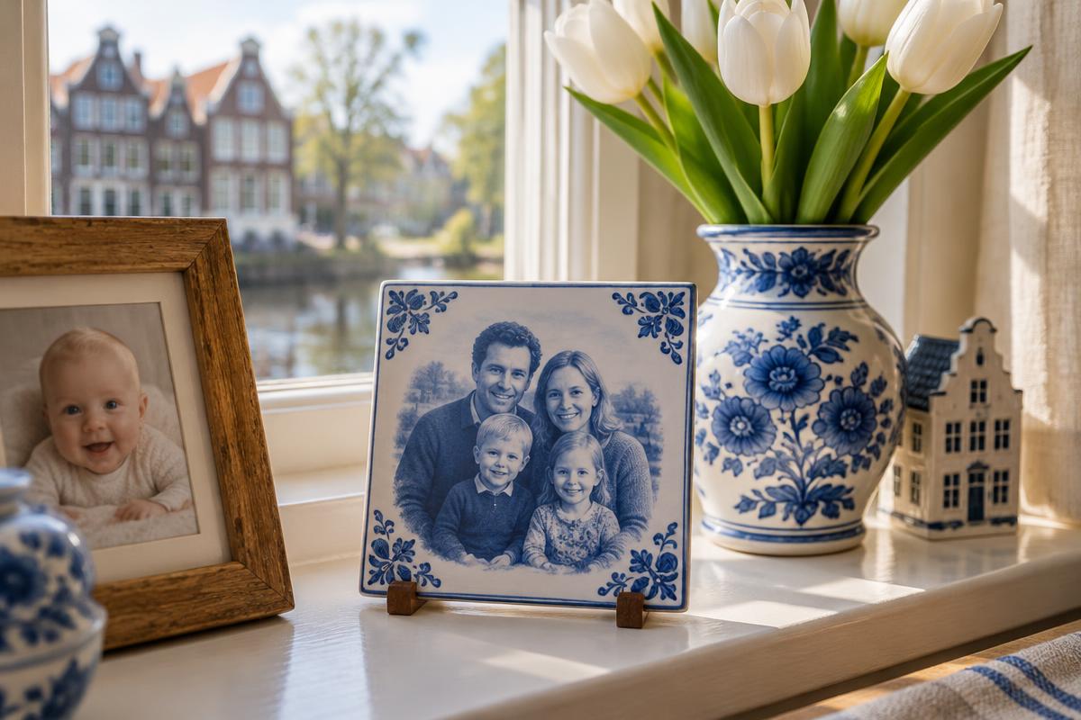 Delfts blauw fototegeltje van een gezin op een vensterbank, naast een babyfoto en een vaas met witte tulpen