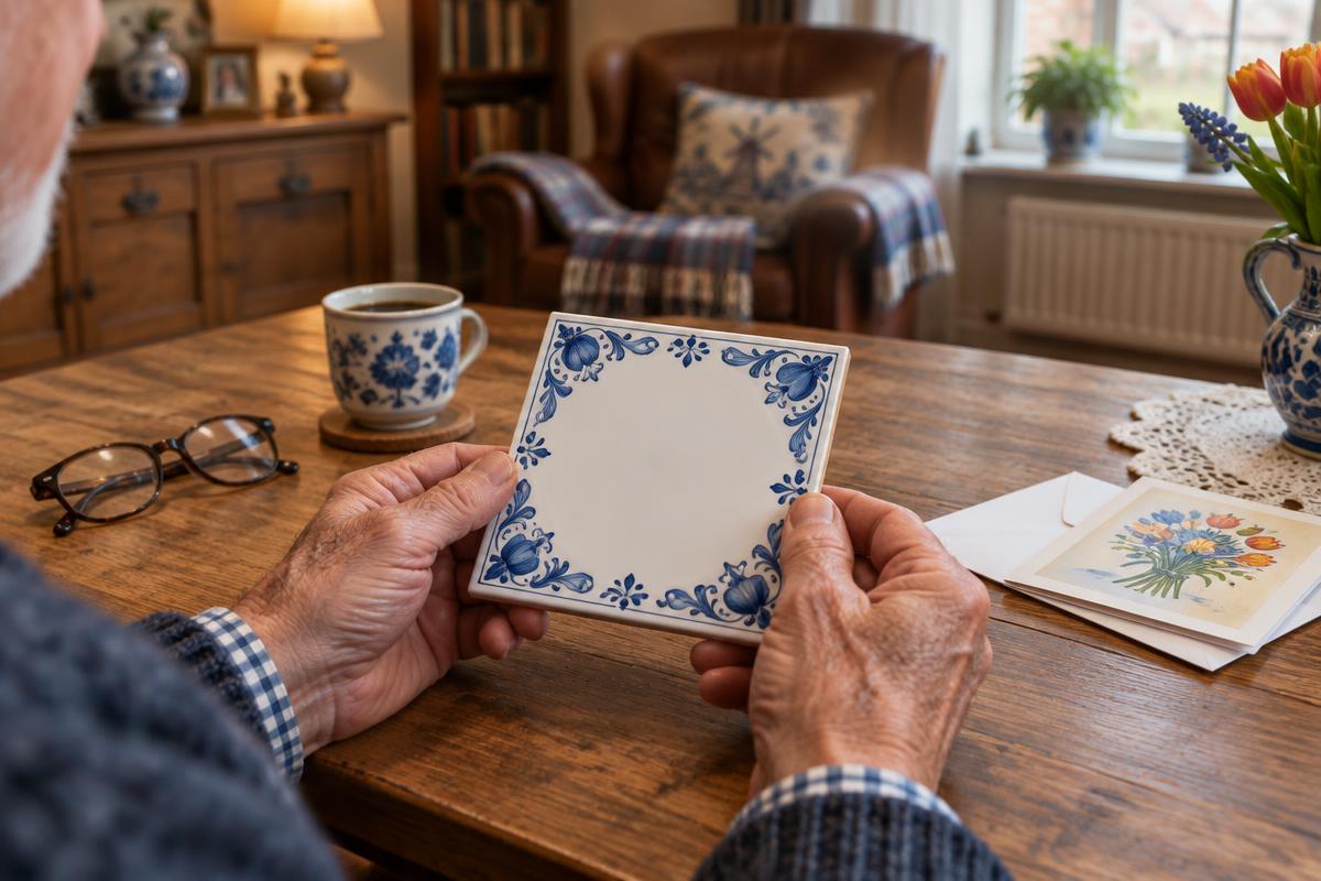 Opa houdt een wit tegeltje met Delfts blauwe rand vast aan de houten tafel, naast een kop koffie, een leesbril en een verjaardagskaart
