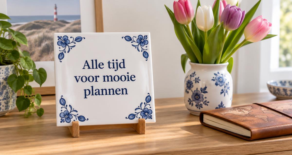 Sfeerillustratie van een wit tegeltje met Delfts blauwe bloemen en de tekst Alle tijd voor mooie plannen, naast tulpen en een reisboek