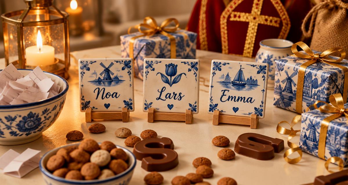 Drie Delfts blauwe tegeltjes met namen op houten standaardjes tussen pepernoten, chocoladeletters, ingepakte cadeautjes en een schaal met lootjes