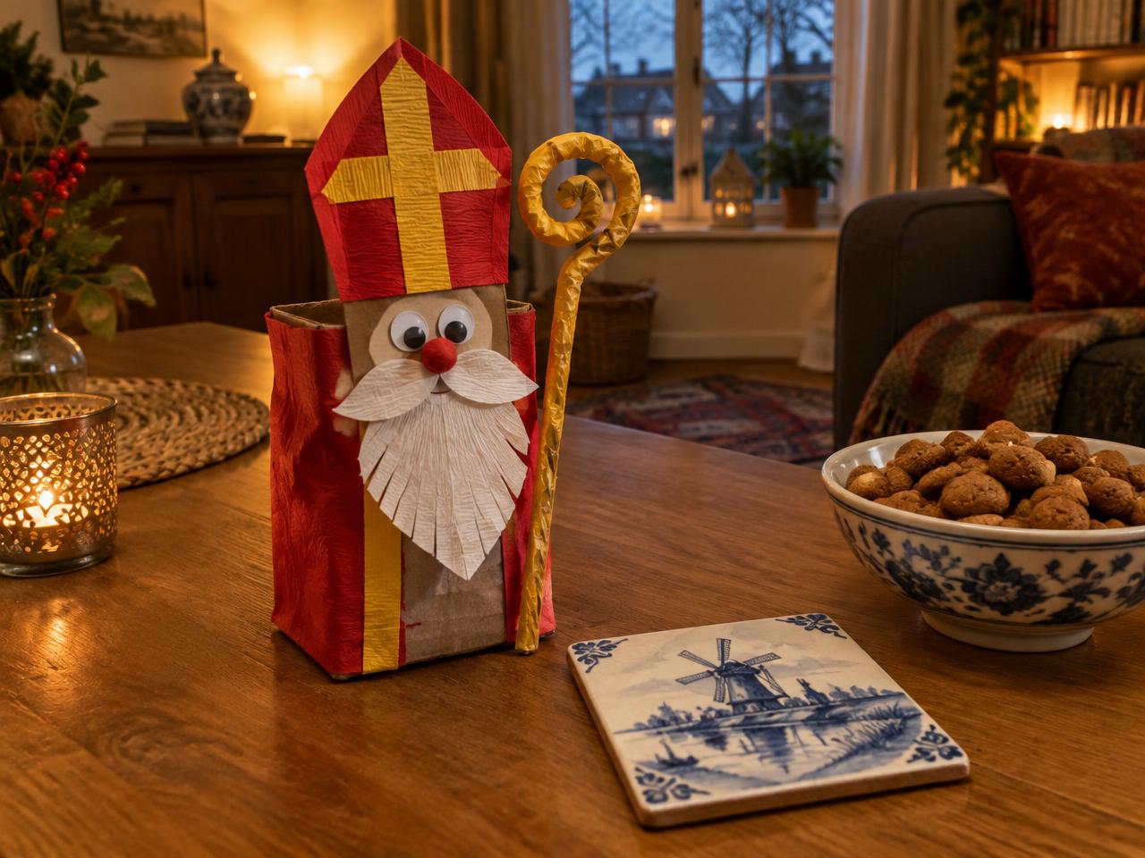 Zelfgemaakte Sinterklaas-surprise van karton en crêpepapier op een houten tafel, naast een Delfts blauw tegeltje met molen en een schaal pepernoten