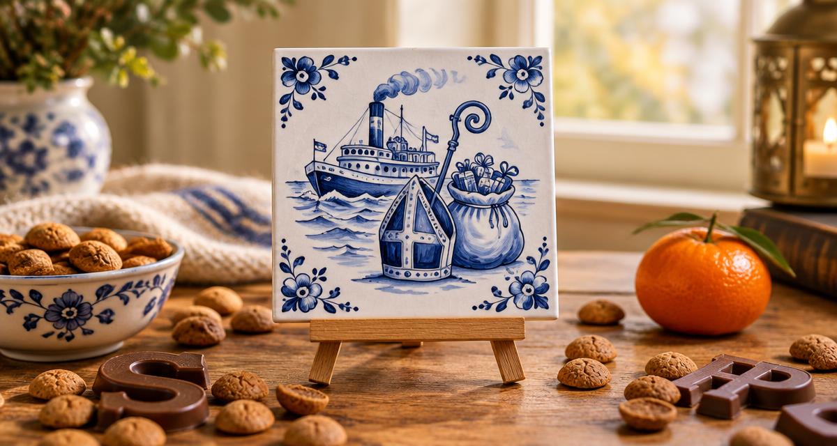 Delfts blauw keramisch tegeltje met een stoomboot, mijter en zak met cadeaus in klassiek ornamentkader, op een houten standaard tussen pepernoten en chocoladeletters