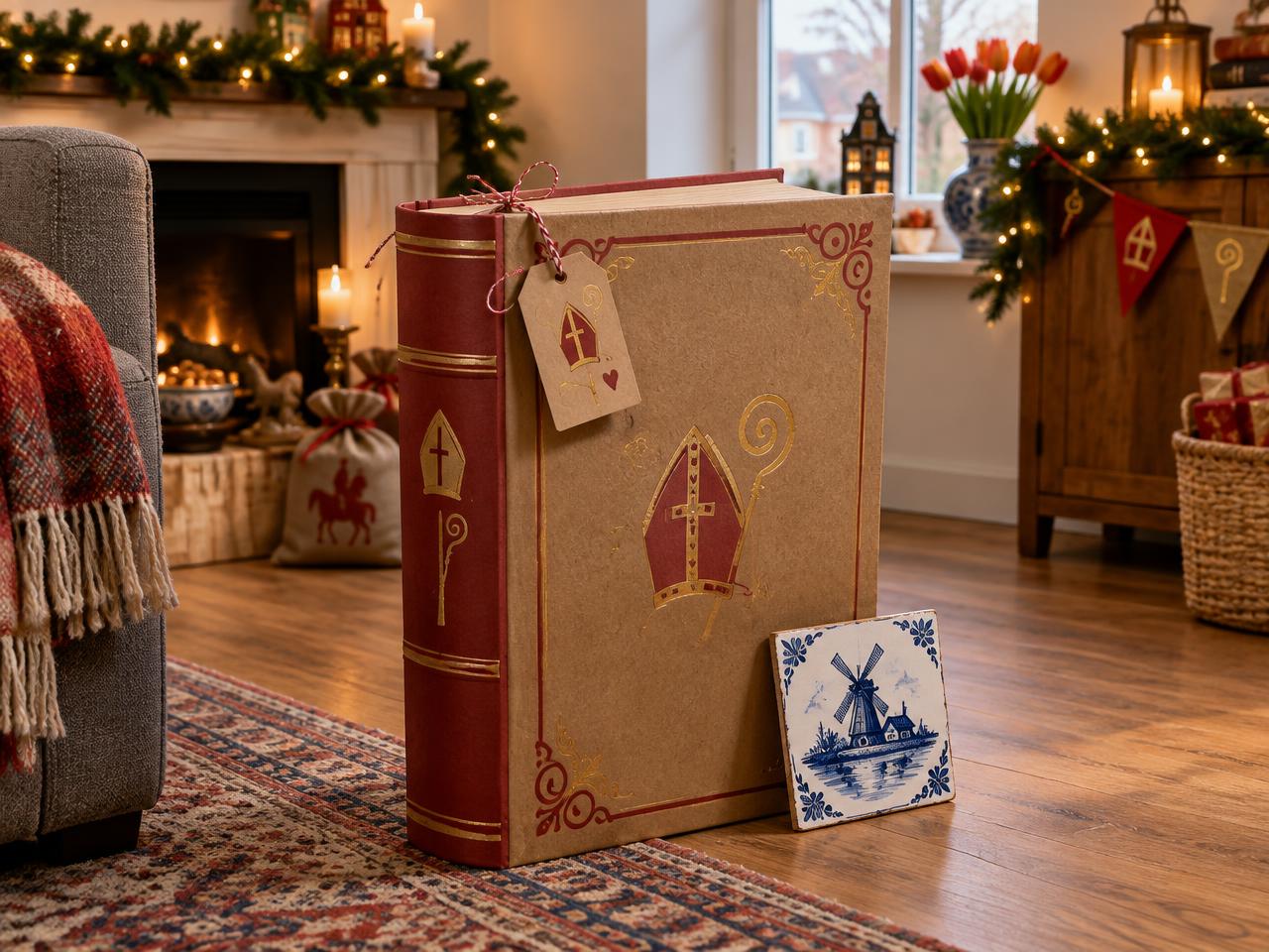 Afgewerkte Sinterklaas-surprise in de vorm van een groot kartonnen boek in de woonkamer, met een Delfts blauw tegeltje ertegen
