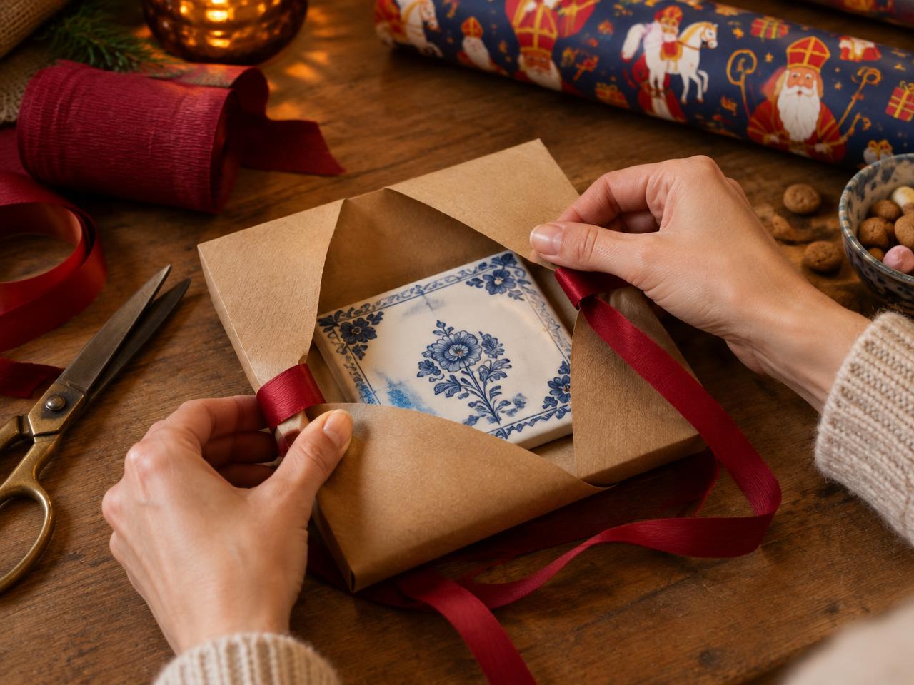 Handen pakken een Delfts blauw tegeltje met bloem in kraftpapier in met rood lint, met schaar en sinterklaaspapier op tafel