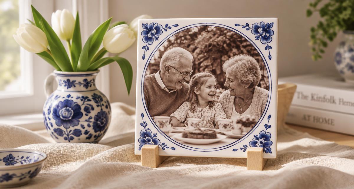 Delfts blauw keramisch tegeltje met een familiefoto van opa, oma en kleinkind aan de theetafel, op een houten standaard naast een Delfts blauwe vaas met tulpen