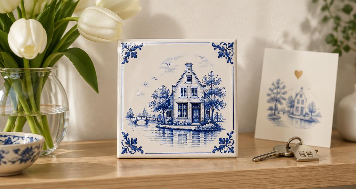 Delfts blauw tegeltje cadeau voor een nieuw huis op een houten plank met sleutels en witte tulpen