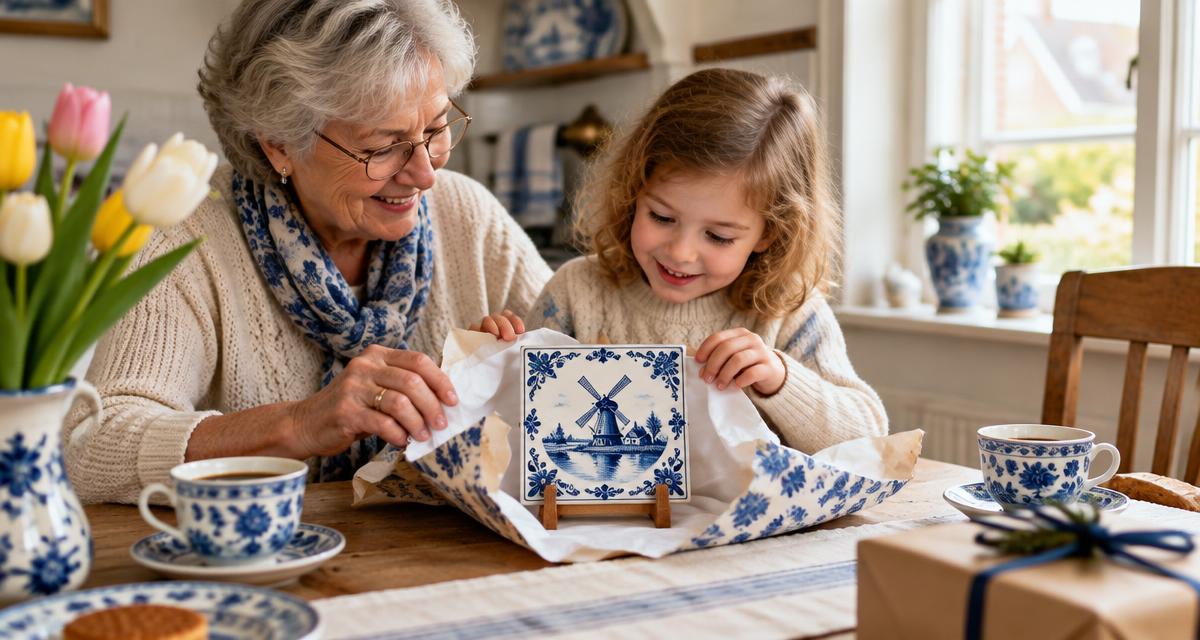 Oma en kleindochter pakken samen aan de keukentafel een Delfts blauw tegeltje uit, met koffiekopjes en tulpen ernaast