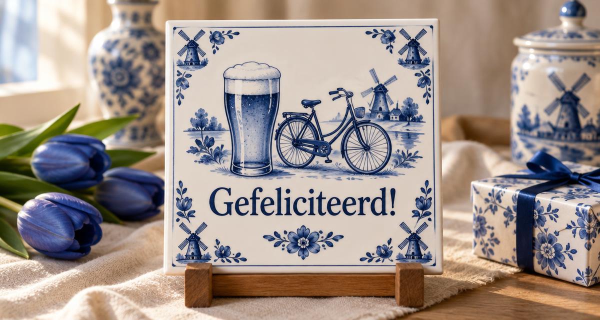 Delfts blauw keramisch tegeltje met een bierglas, een fiets en molenmotieven en de tekst Gefeliciteerd!, op een houten standaard tussen blauwe tulpen en een cadeautje