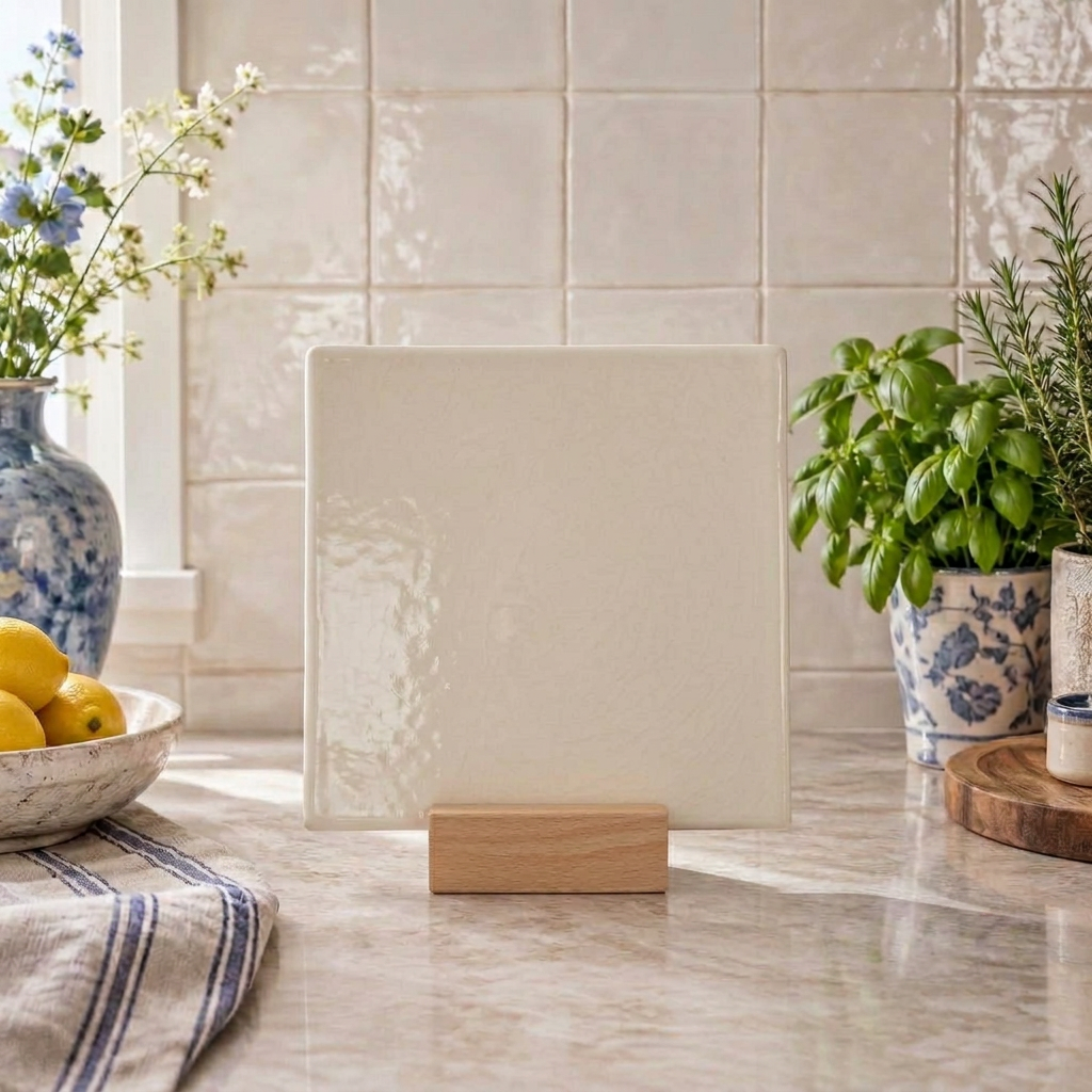 Echt keramisch persoonlijk tegeltje met kleurrijk ontwerp in een lichte keuken