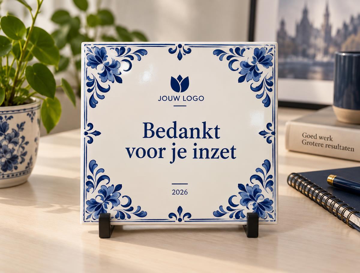 Zakelijk Delfts blauw tegeltje met logo en de tekst Bedankt voor je inzet in een kantooromgeving