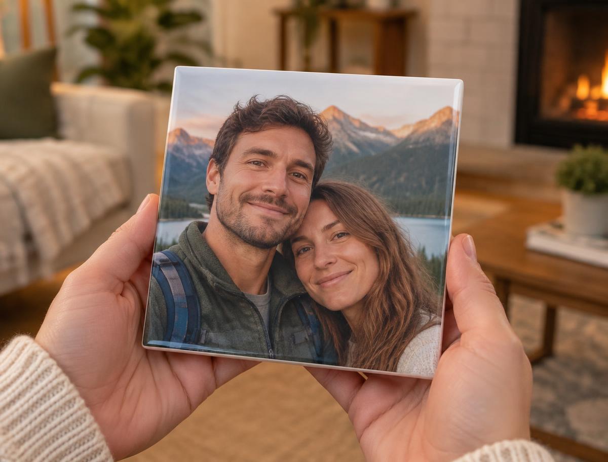 Twee handen geven een tegeltje met foto van een koppel als cadeau in een woonkamer