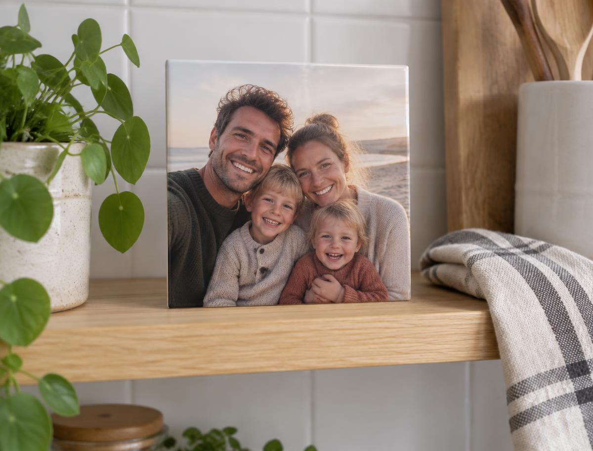 Tegeltje met foto van een gezin op een houten keukenschap naast een plant en theedoek